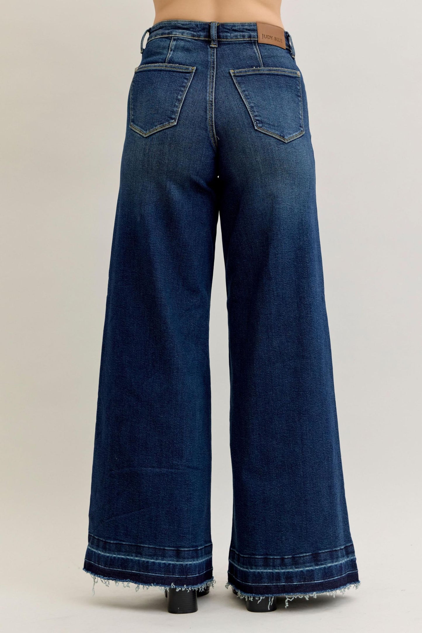 JUDY BLUE HIGH WAIST PALAZZO FRONT PATCH POCKETS - DARK STONE