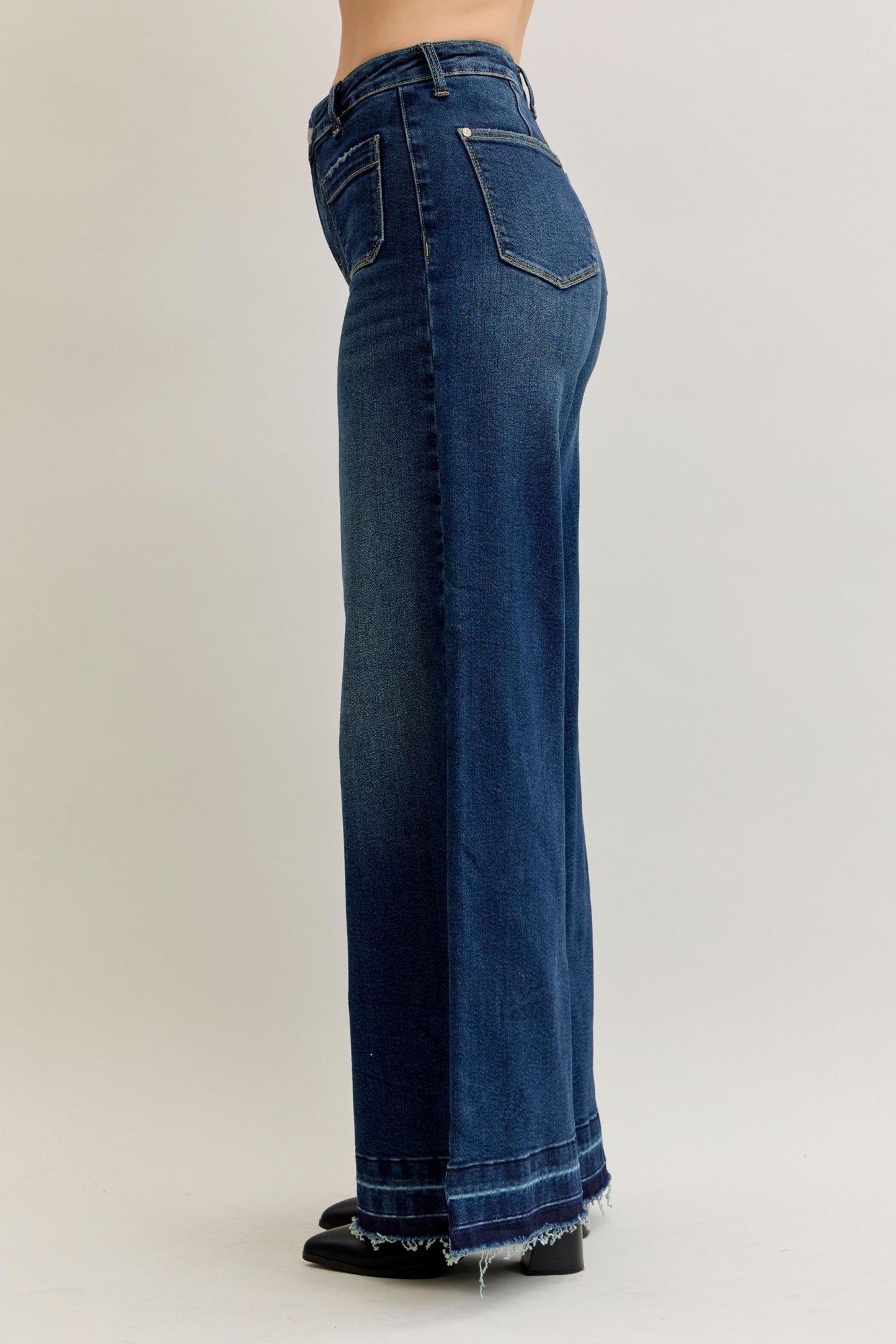 JUDY BLUE HIGH WAIST PALAZZO FRONT PATCH POCKETS - DARK STONE