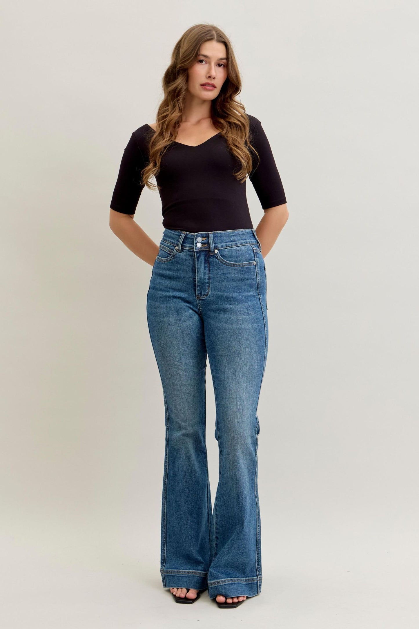 JUDY BLUE HIGH WAIST REGULAR FLARE TUMMY CONTROL DOUBLE BUTTON JEANS - MEDIUM STONE