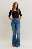 JUDY BLUE HIGH WAIST PETITE FLARE TUMMY CONTROL DOUBLE BUTTON JEANS - MEDIUM STONE