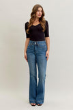 JUDY BLUE HIGH WAIST PETITE FLARE TUMMY CONTROL DOUBLE BUTTON JEANS - MEDIUM STONE