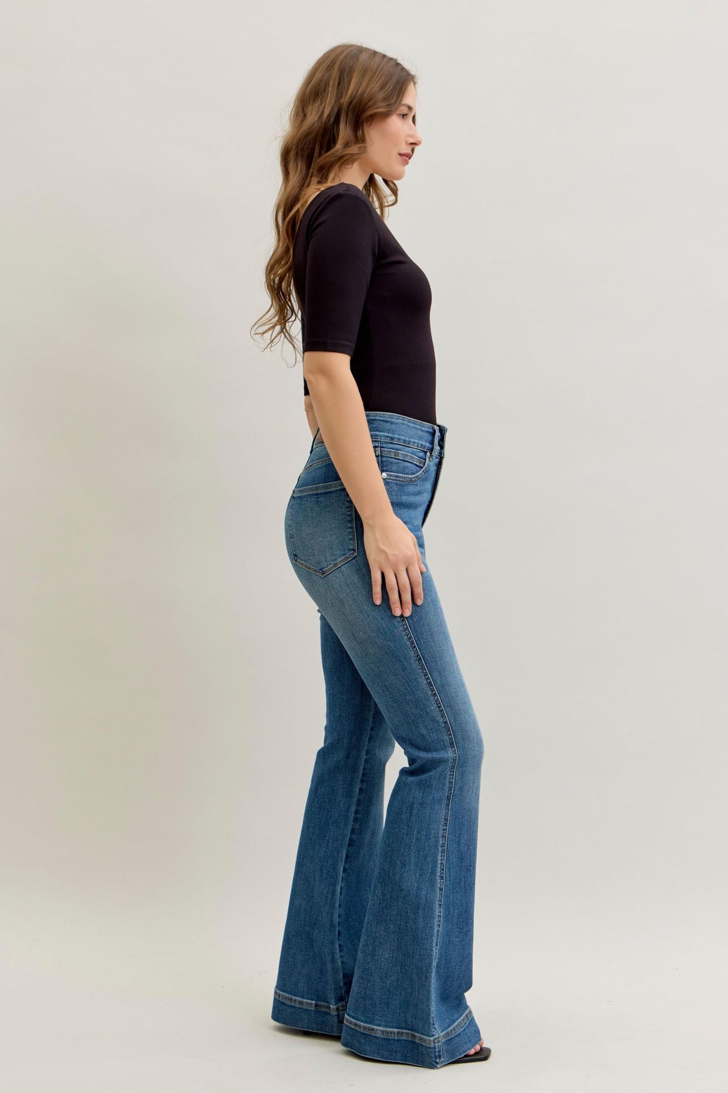 JUDY BLUE HIGH WAIST REGULAR FLARE TUMMY CONTROL DOUBLE BUTTON JEANS - MEDIUM STONE