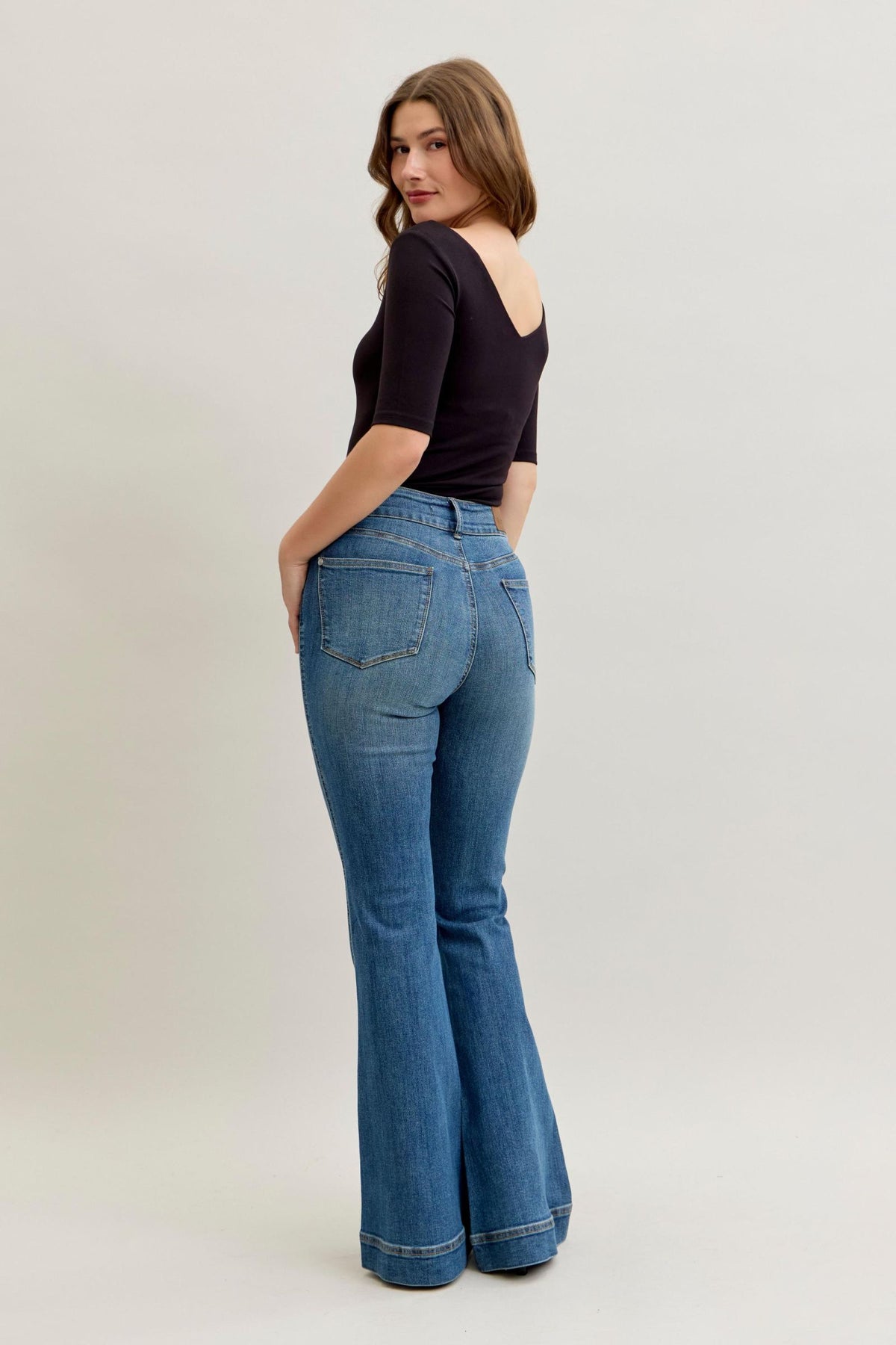 JUDY BLUE HIGH WAIST REGULAR FLARE TUMMY CONTROL DOUBLE BUTTON JEANS - MEDIUM STONE