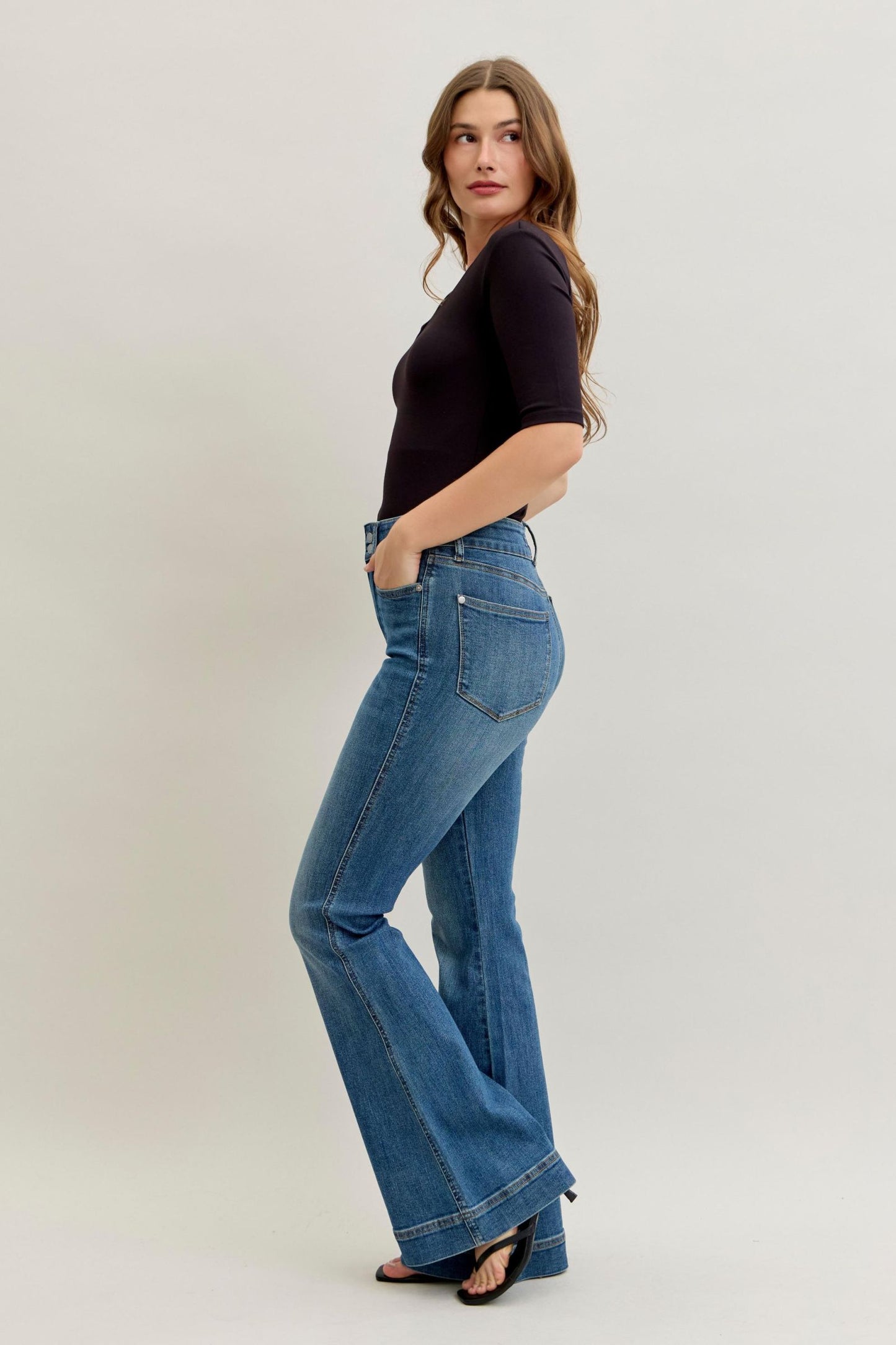 JUDY BLUE HIGH WAIST REGULAR FLARE TUMMY CONTROL DOUBLE BUTTON JEANS - MEDIUM STONE