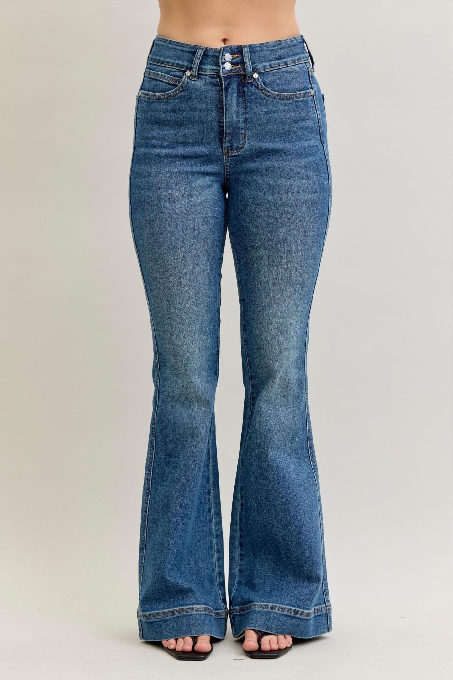 JUDY BLUE HIGH WAIST REGULAR FLARE TUMMY CONTROL DOUBLE BUTTON JEANS - MEDIUM STONE