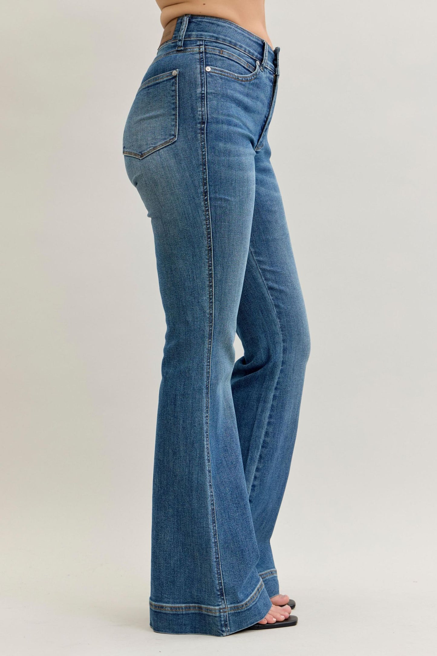 JUDY BLUE HIGH WAIST REGULAR FLARE TUMMY CONTROL DOUBLE BUTTON JEANS - MEDIUM STONE