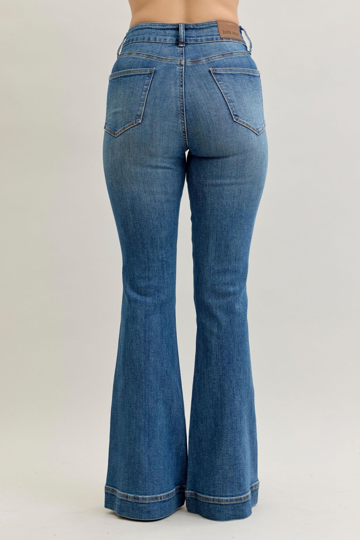 JUDY BLUE HIGH WAIST REGULAR FLARE TUMMY CONTROL DOUBLE BUTTON JEANS - MEDIUM STONE