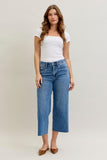 JUDY BLUE HIGH WAIST WIDE CROP CLASSIC RAW HEM JEANS - MEDIUM STONE