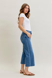 JUDY BLUE HIGH WAIST WIDE CROP CLASSIC RAW HEM JEANS - MEDIUM STONE