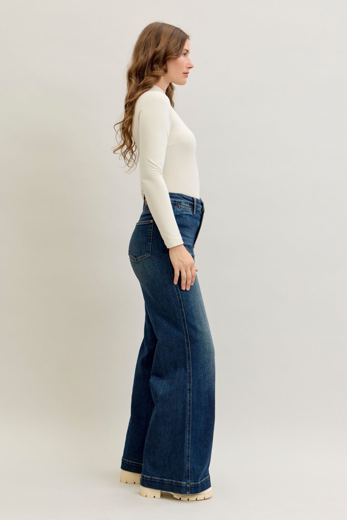 JUDY BLUE HIGH WAIST RETRO WIDE TUMMY CONTROL FRONT WELT POCKETS - DARK STONE
