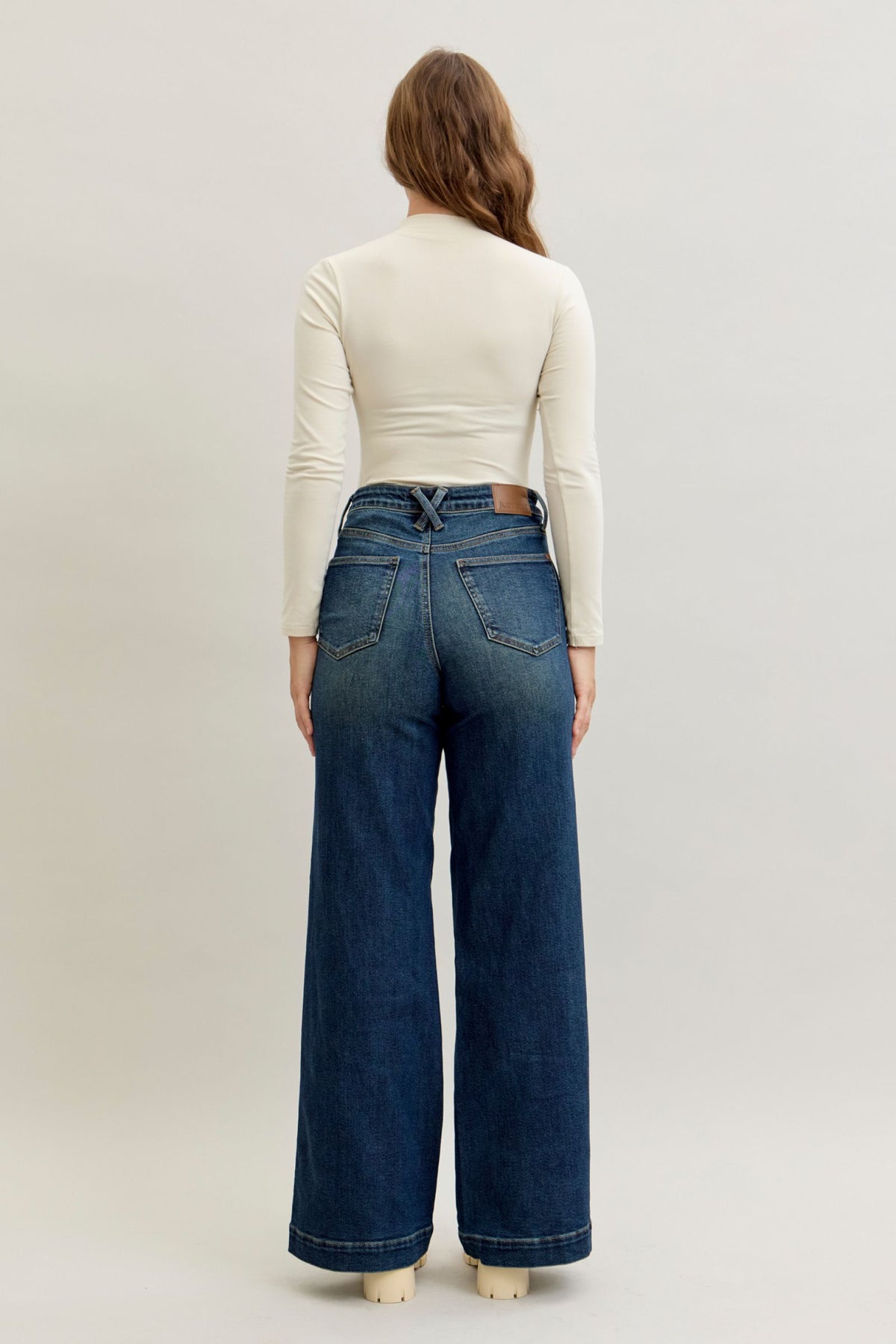 JUDY BLUE HIGH WAIST RETRO WIDE TUMMY CONTROL FRONT WELT POCKETS - DARK STONE