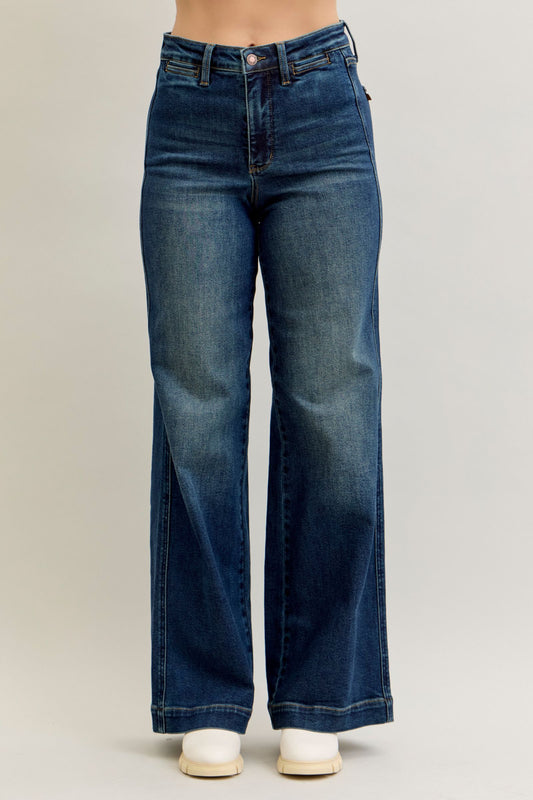 JUDY BLUE HIGH WAIST RETRO WIDE TUMMY CONTROL FRONT WELT POCKETS - DARK STONE