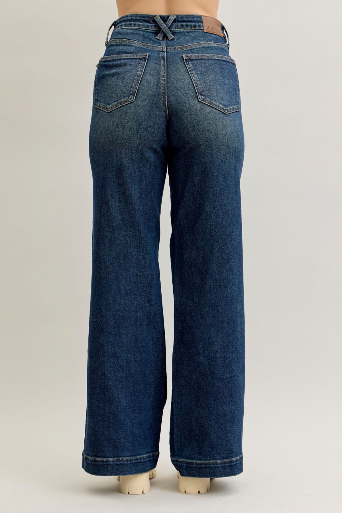 JUDY BLUE HIGH WAIST RETRO WIDE TUMMY CONTROL FRONT WELT POCKETS - DARK STONE