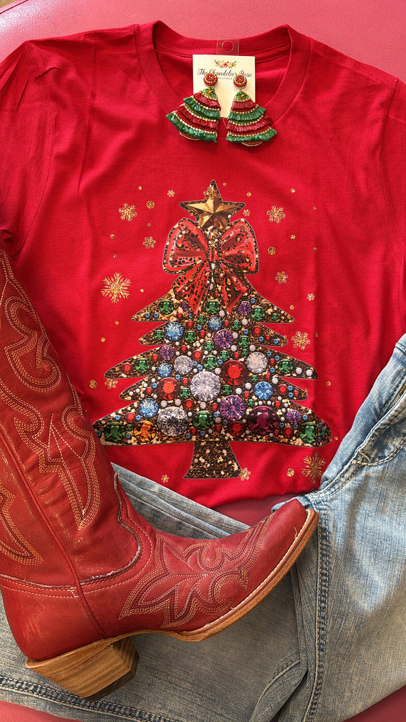 OH CHRISTMAS TREE GEM TEE - RED