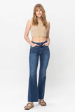 JUDY BLUE MID RISE HARD CONTRAST WASH & CUT HEM BOOTCUT JEAN - DARK STONE