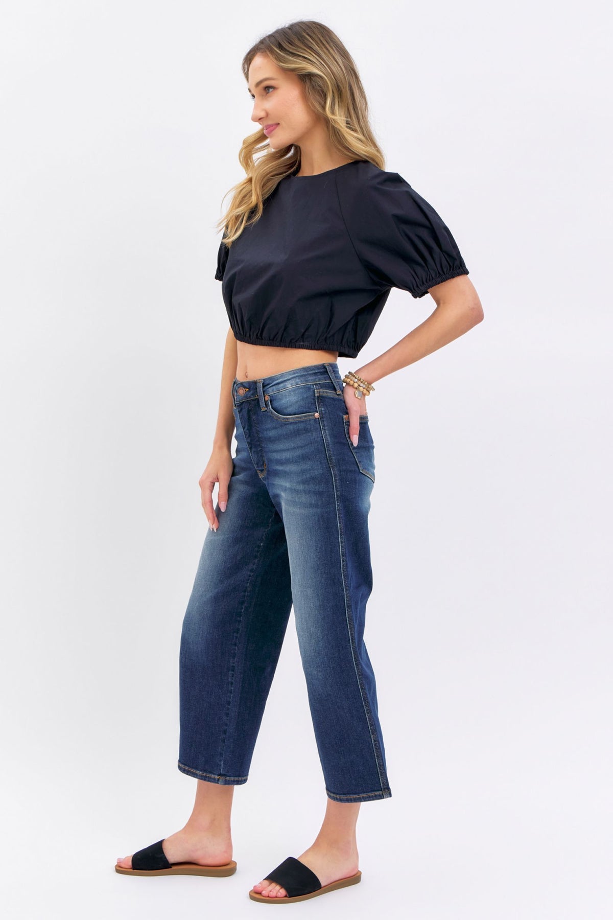 JUDY BLUE MID RISE TUMMY CONTROL CROP WIDE JEANS - DARK STONE