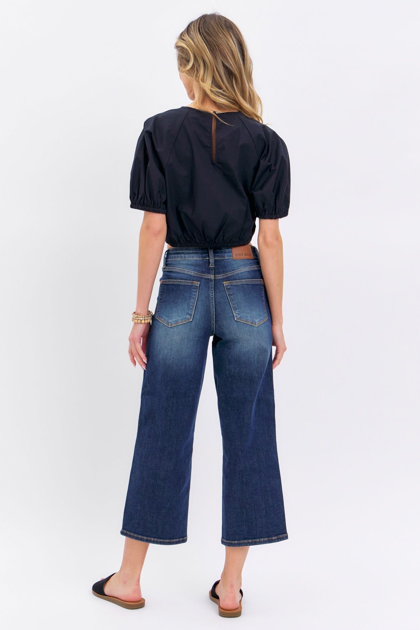 JUDY BLUE MID RISE TUMMY CONTROL CROP WIDE JEANS - DARK STONE