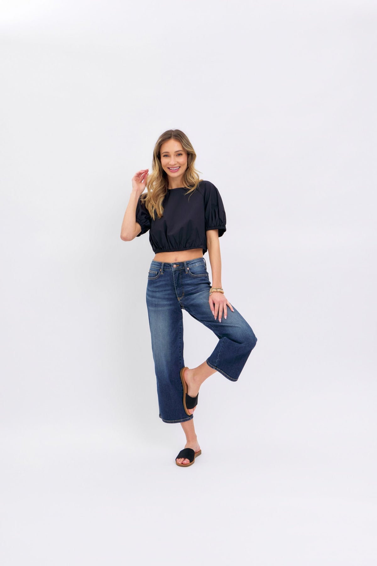 JUDY BLUE MID RISE TUMMY CONTROL CROP WIDE JEANS - DARK STONE