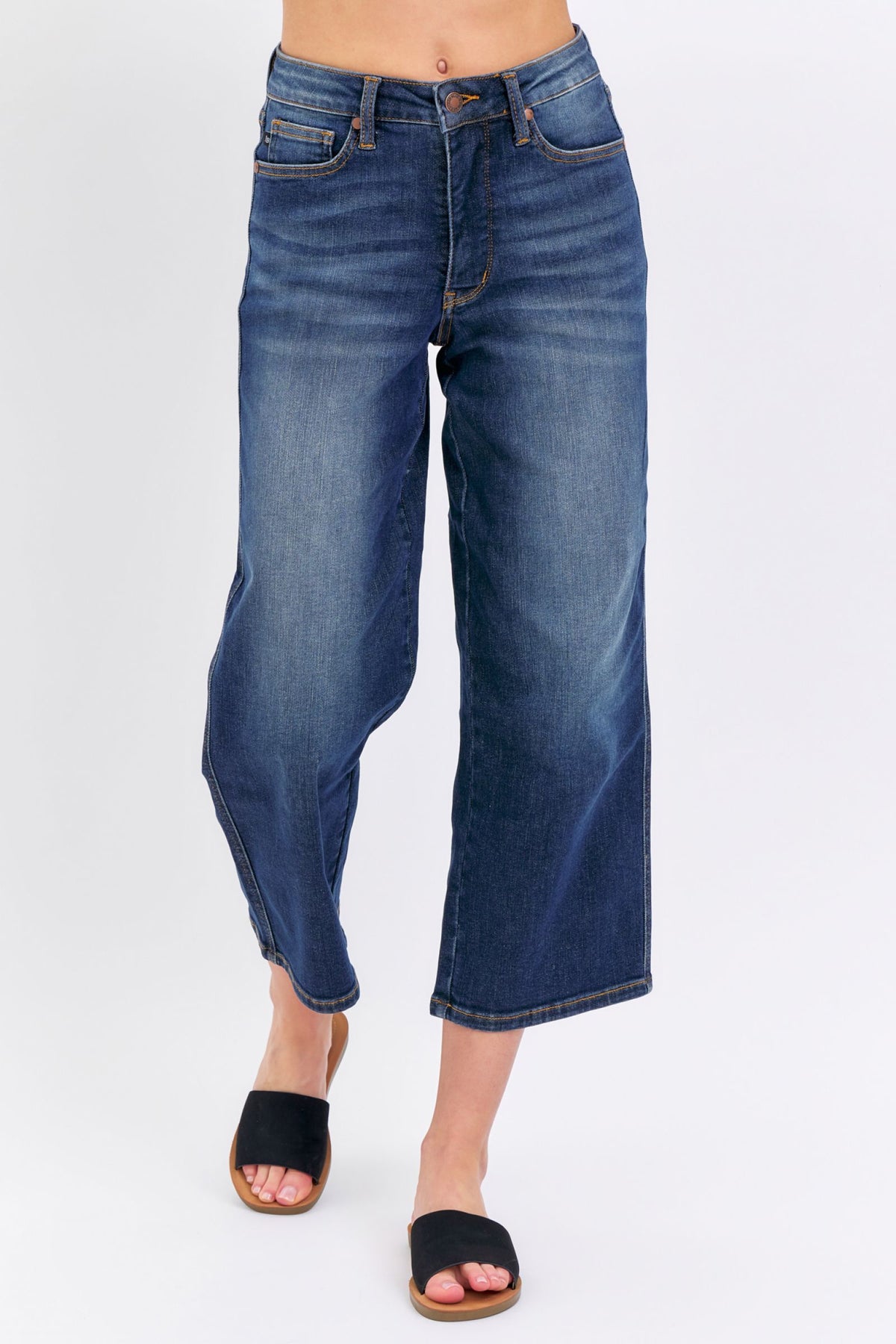 JUDY BLUE MID RISE TUMMY CONTROL CROP WIDE JEANS - DARK STONE
