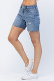 JUDY BLUE HIGH WAIST EMBROIDERED POCKET CUTOFFS - MEDIUM STONE