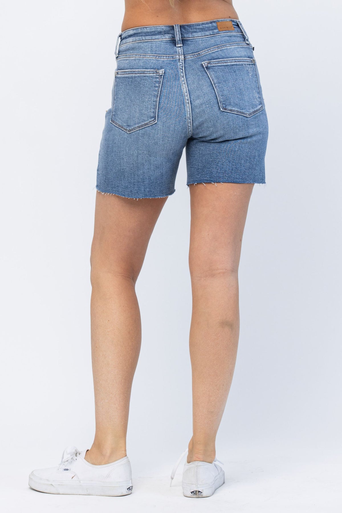 JUDY BLUE HIGH WAIST EMBROIDERED POCKET CUTOFFS - MEDIUM STONE