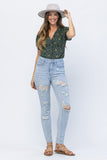 JUDY BLUE HIGH RISE DESTROYED TUMMY CONTROL SKINNY JEANS - LIGHT STONE