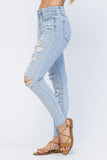 JUDY BLUE HIGH RISE DESTROYED TUMMY CONTROL SKINNY JEANS - LIGHT STONE