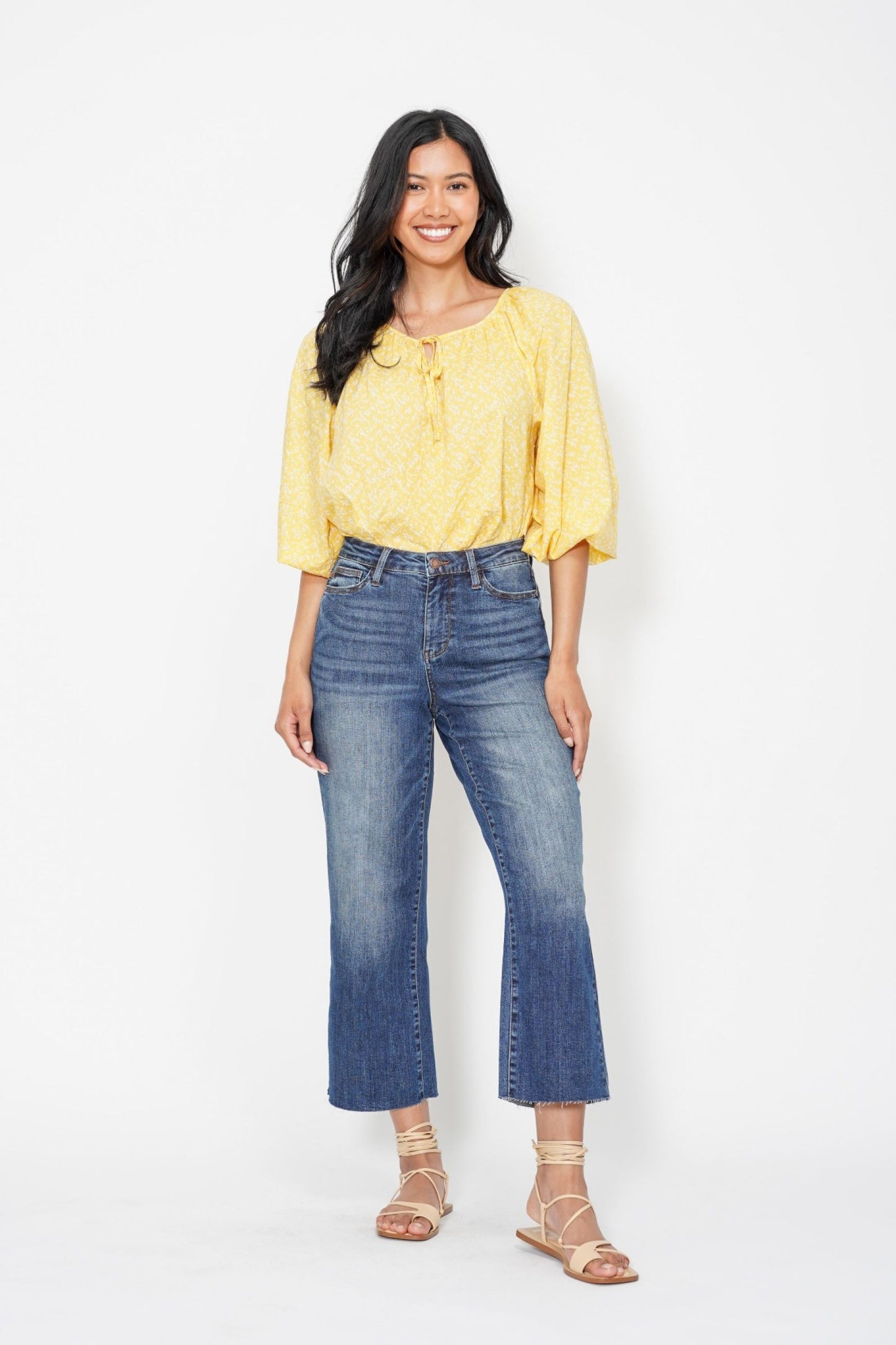 JUDY BLUE HIGH WAIST POCKET EMBROIDERED CROP WIDE JEAN - DARK STONE