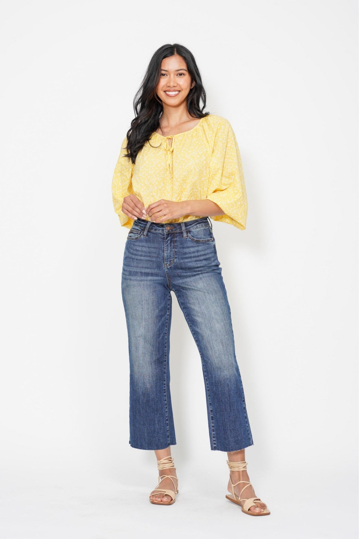 JUDY BLUE HIGH WAIST POCKET EMBROIDERED CROP WIDE JEAN - DARK STONE