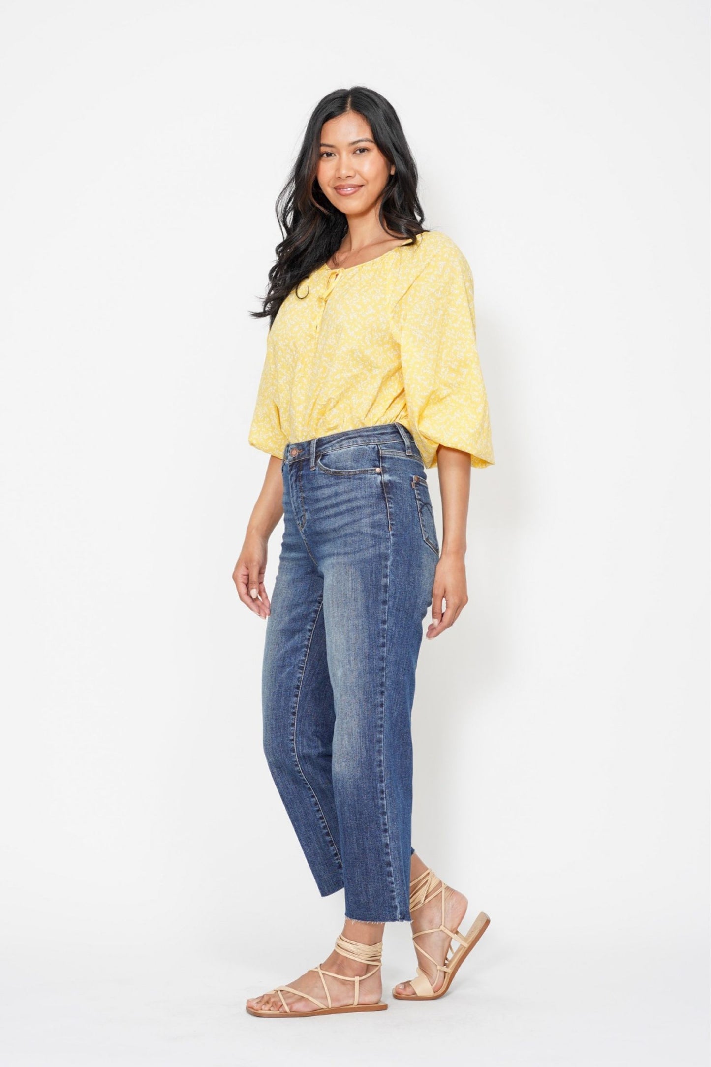 JUDY BLUE HIGH WAIST POCKET EMBROIDERED CROP WIDE JEAN - DARK STONE