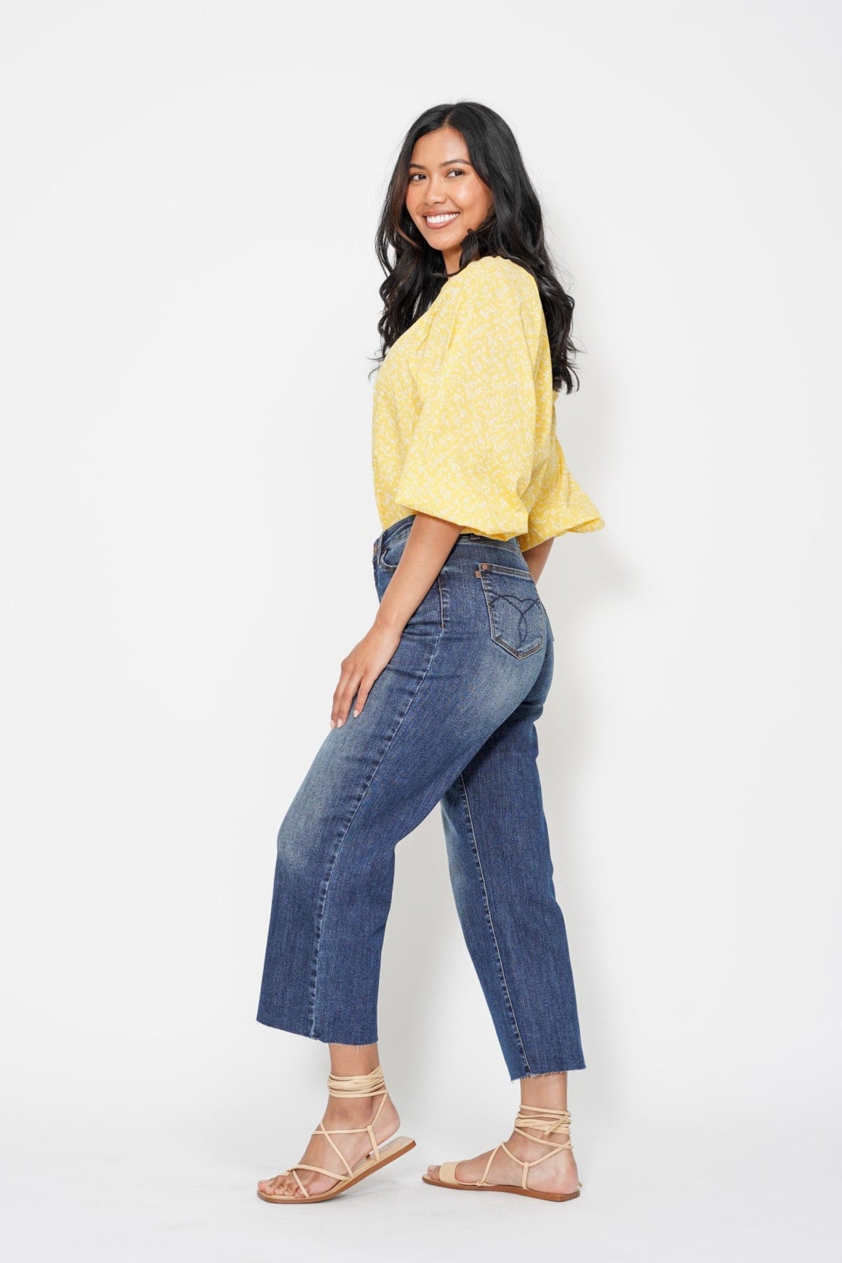 JUDY BLUE HIGH WAIST POCKET EMBROIDERED CROP WIDE JEAN - DARK STONE