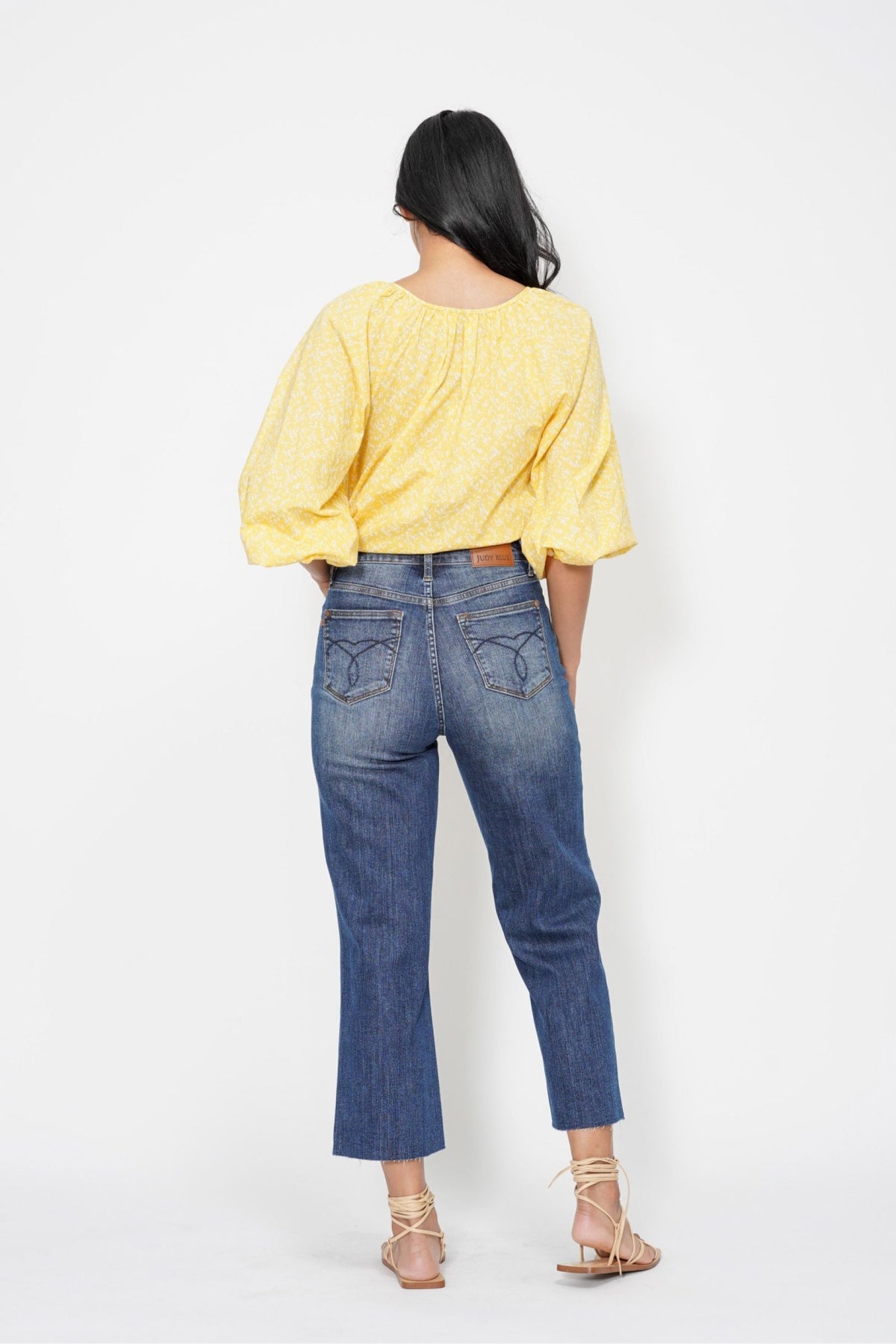 JUDY BLUE HIGH WAIST POCKET EMBROIDERED CROP WIDE JEAN - DARK STONE