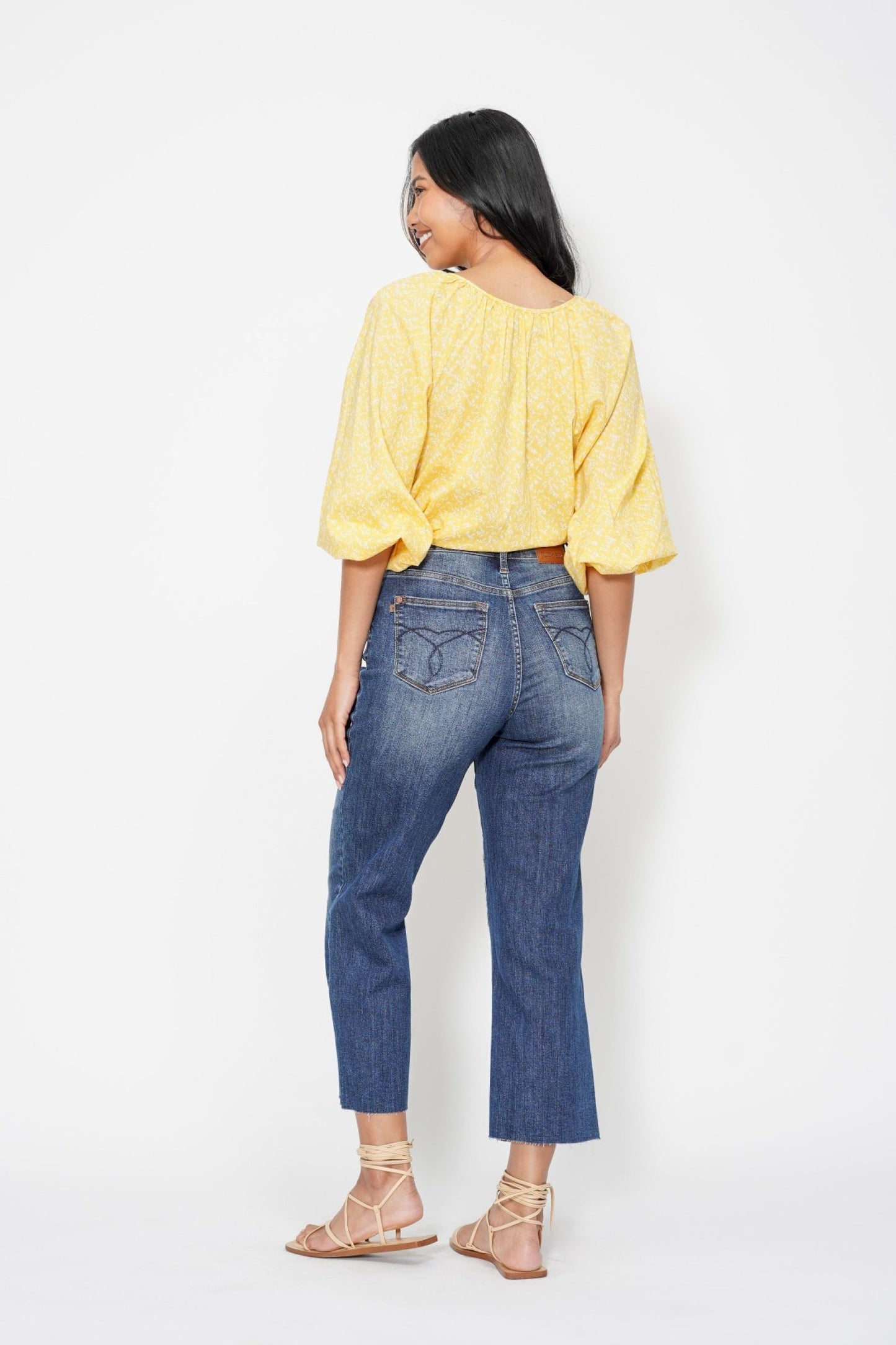JUDY BLUE HIGH WAIST POCKET EMBROIDERED CROP WIDE JEAN - DARK STONE