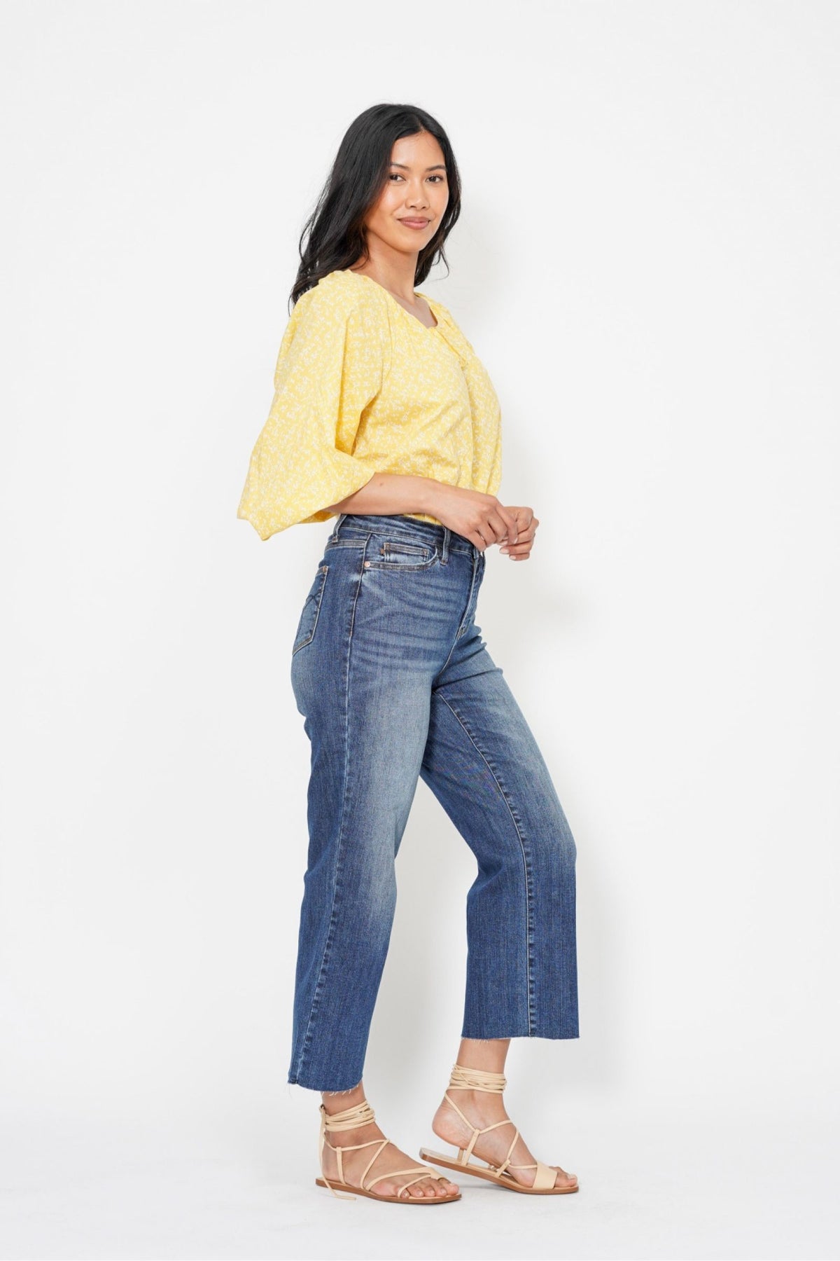 JUDY BLUE HIGH WAIST POCKET EMBROIDERED CROP WIDE JEAN - DARK STONE