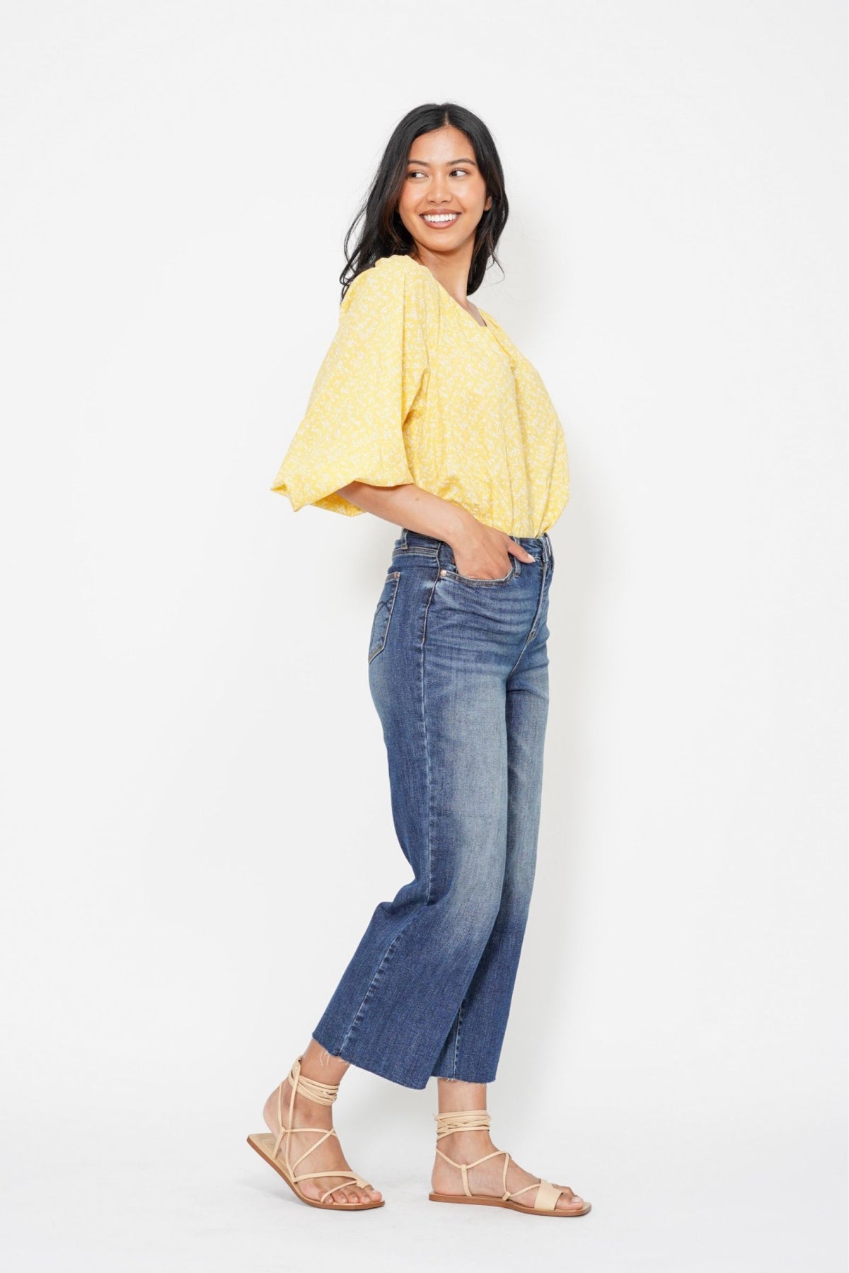 JUDY BLUE HIGH WAIST POCKET EMBROIDERED CROP WIDE JEAN - DARK STONE