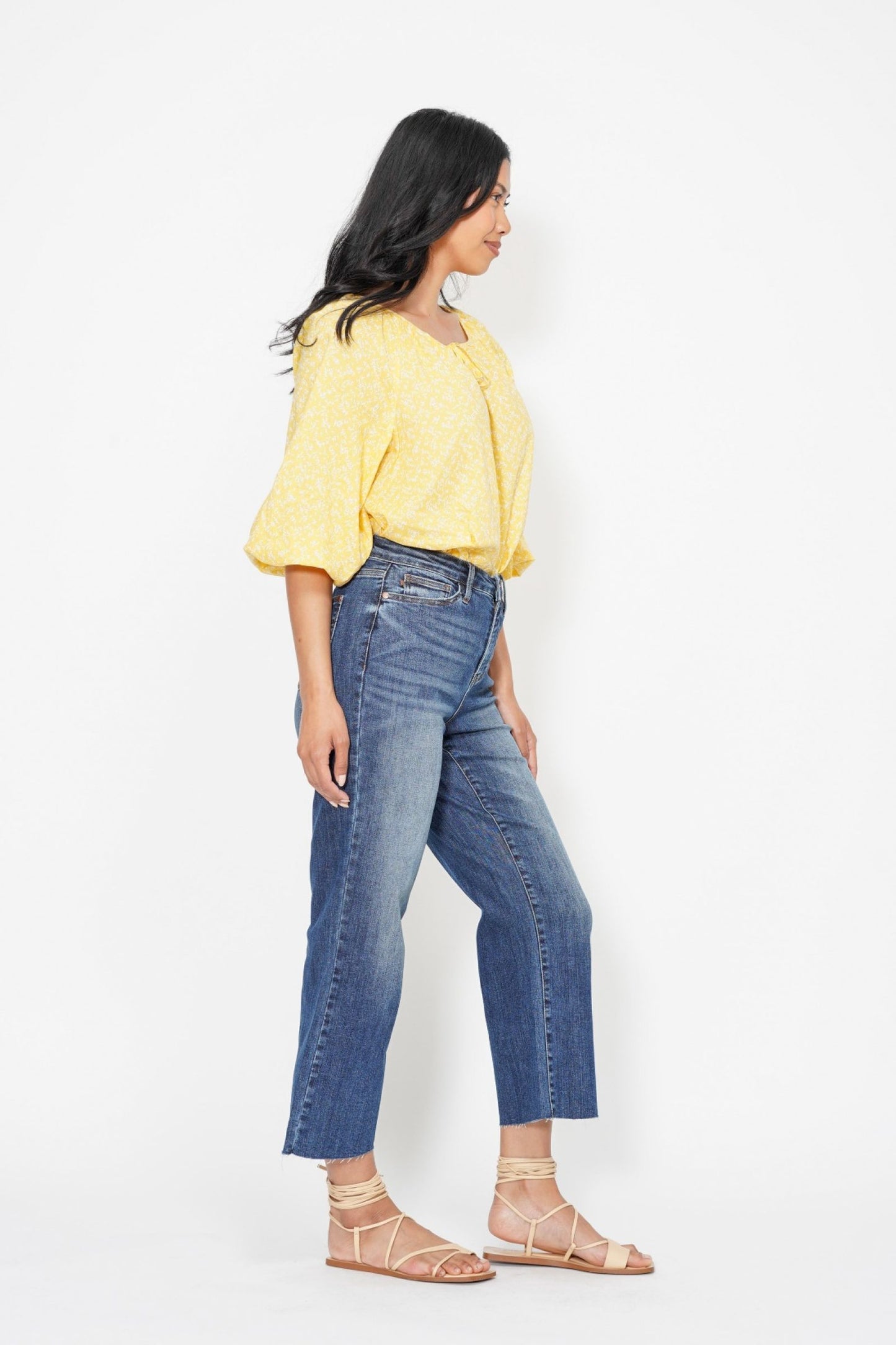 JUDY BLUE HIGH WAIST POCKET EMBROIDERED CROP WIDE JEAN - DARK STONE