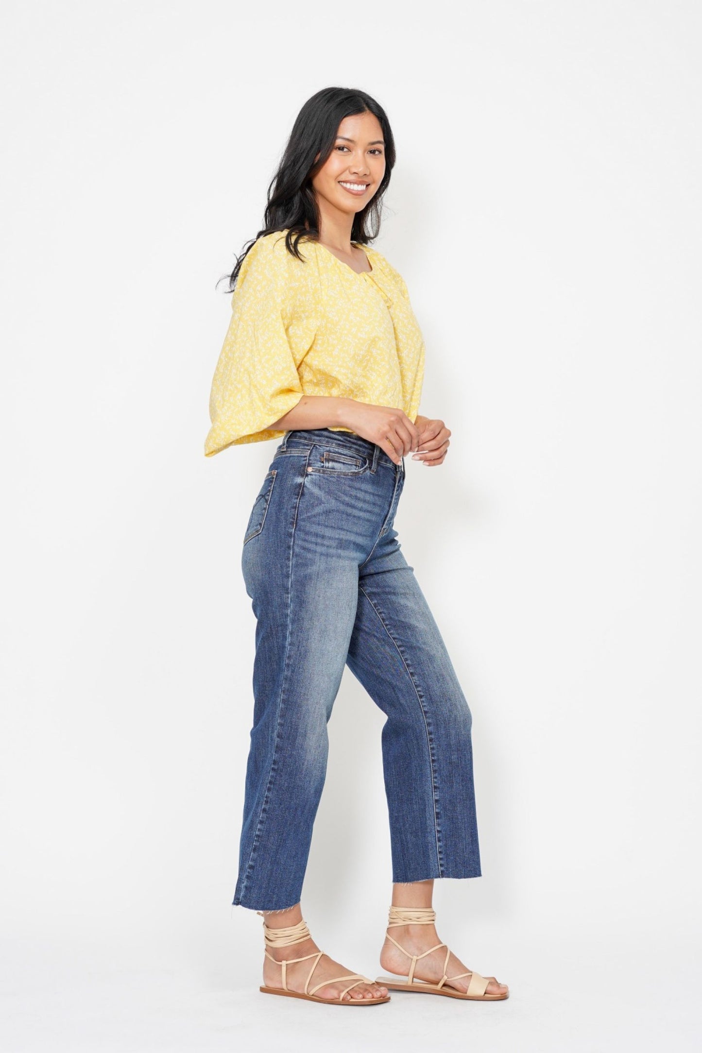JUDY BLUE HIGH WAIST POCKET EMBROIDERED CROP WIDE JEAN - DARK STONE