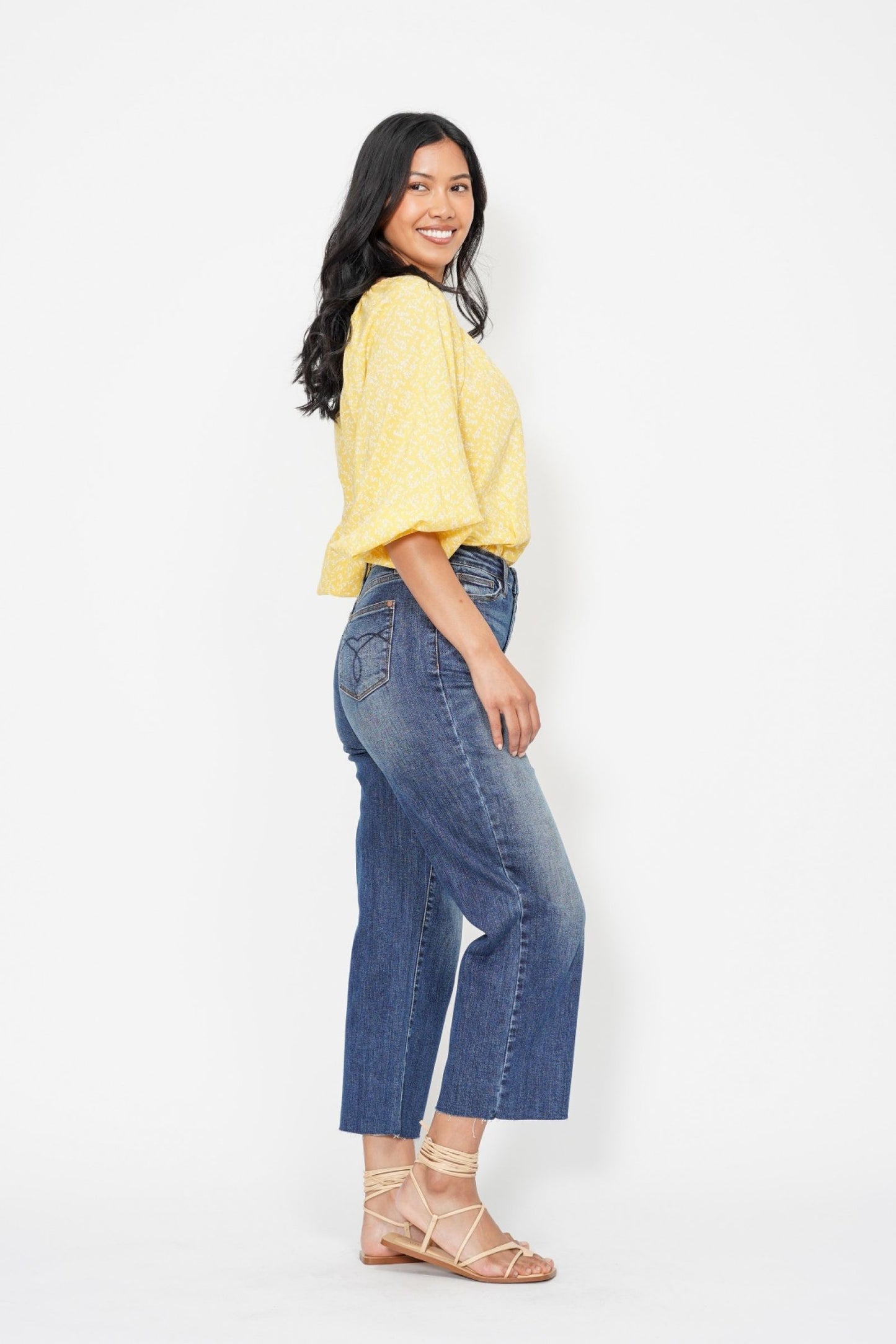 JUDY BLUE HIGH WAIST POCKET EMBROIDERED CROP WIDE JEAN - DARK STONE