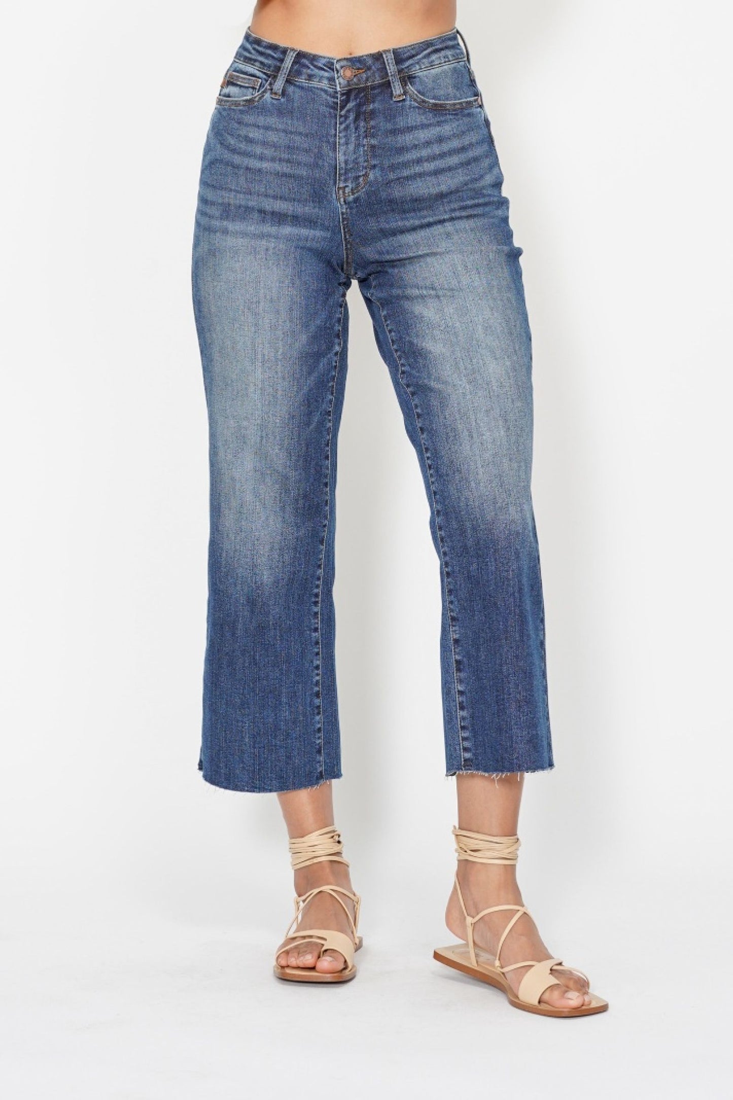 JUDY BLUE HIGH WAIST POCKET EMBROIDERED CROP WIDE JEAN - DARK STONE