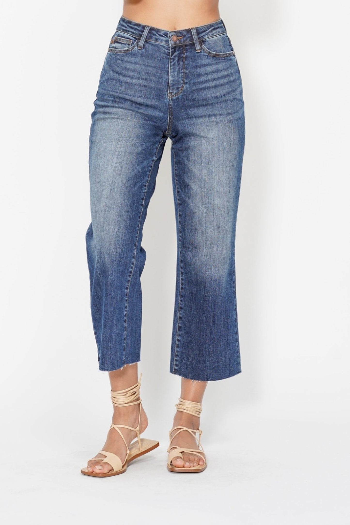 JUDY BLUE HIGH WAIST POCKET EMBROIDERED CROP WIDE JEAN - DARK STONE
