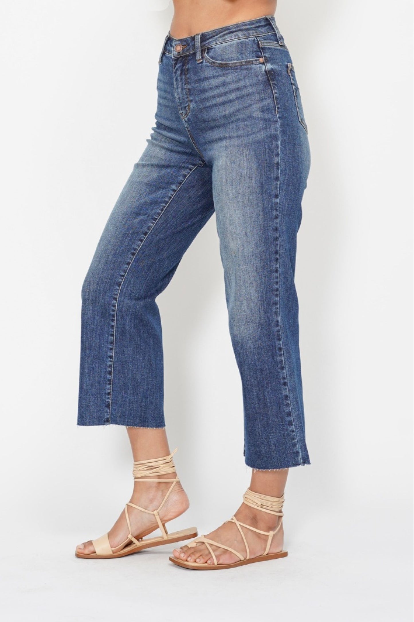 JUDY BLUE HIGH WAIST POCKET EMBROIDERED CROP WIDE JEAN - DARK STONE