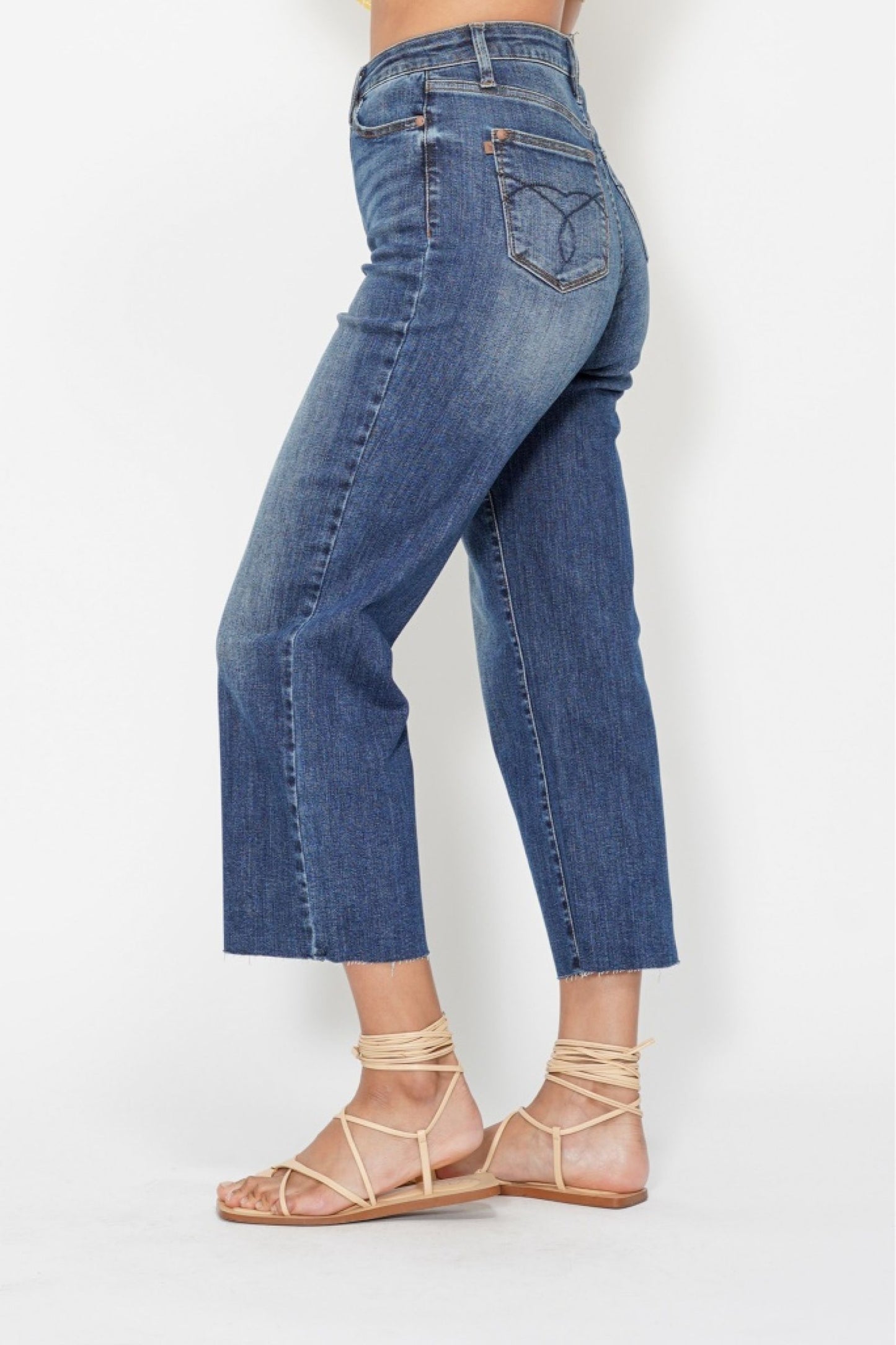 JUDY BLUE HIGH WAIST POCKET EMBROIDERED CROP WIDE JEAN - DARK STONE