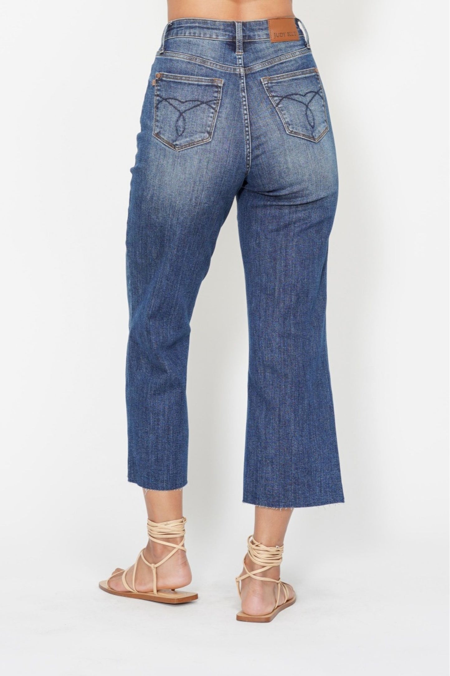 JUDY BLUE HIGH WAIST POCKET EMBROIDERED CROP WIDE JEAN - DARK STONE