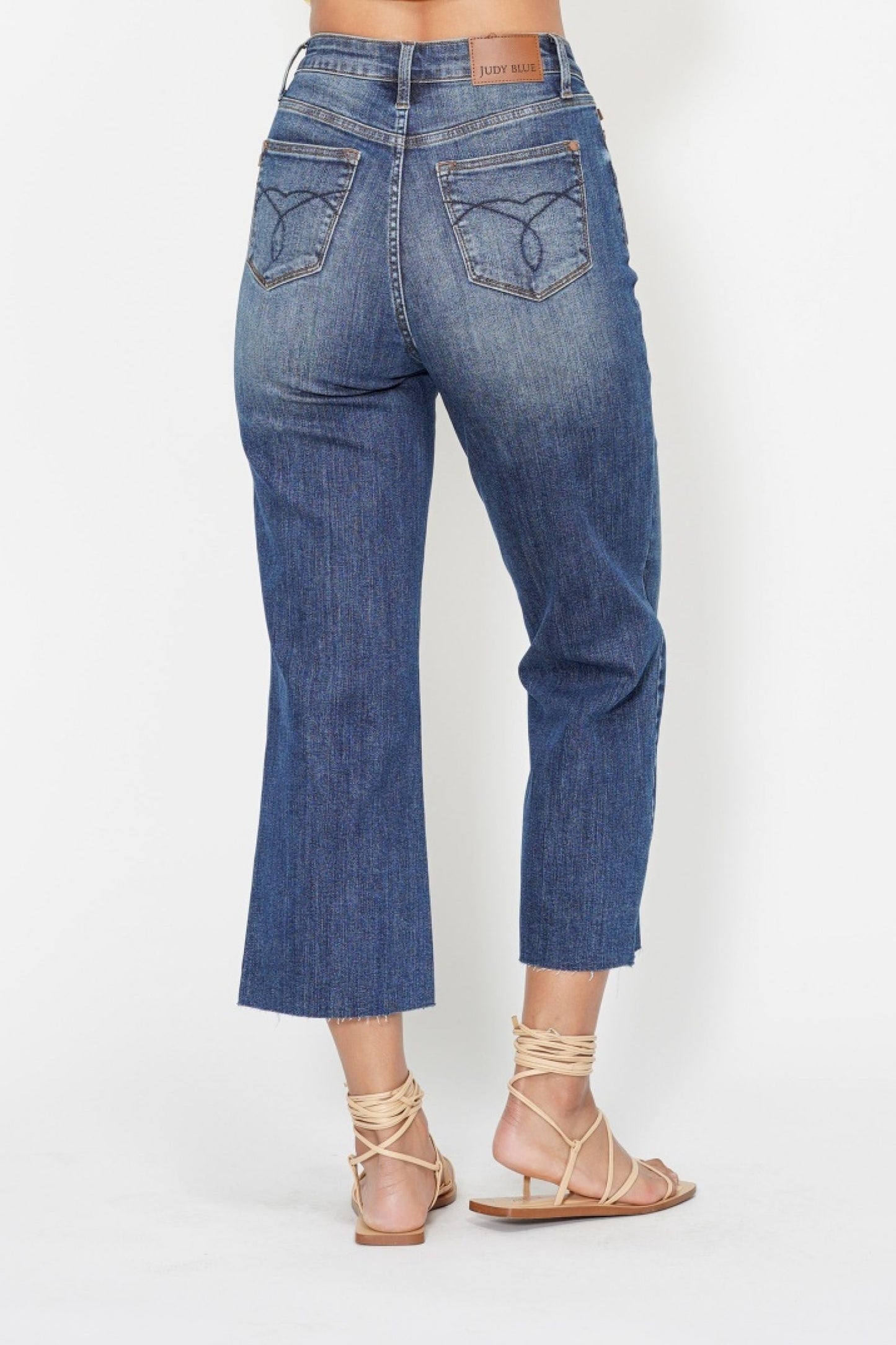 JUDY BLUE HIGH WAIST POCKET EMBROIDERED CROP WIDE JEAN - DARK STONE