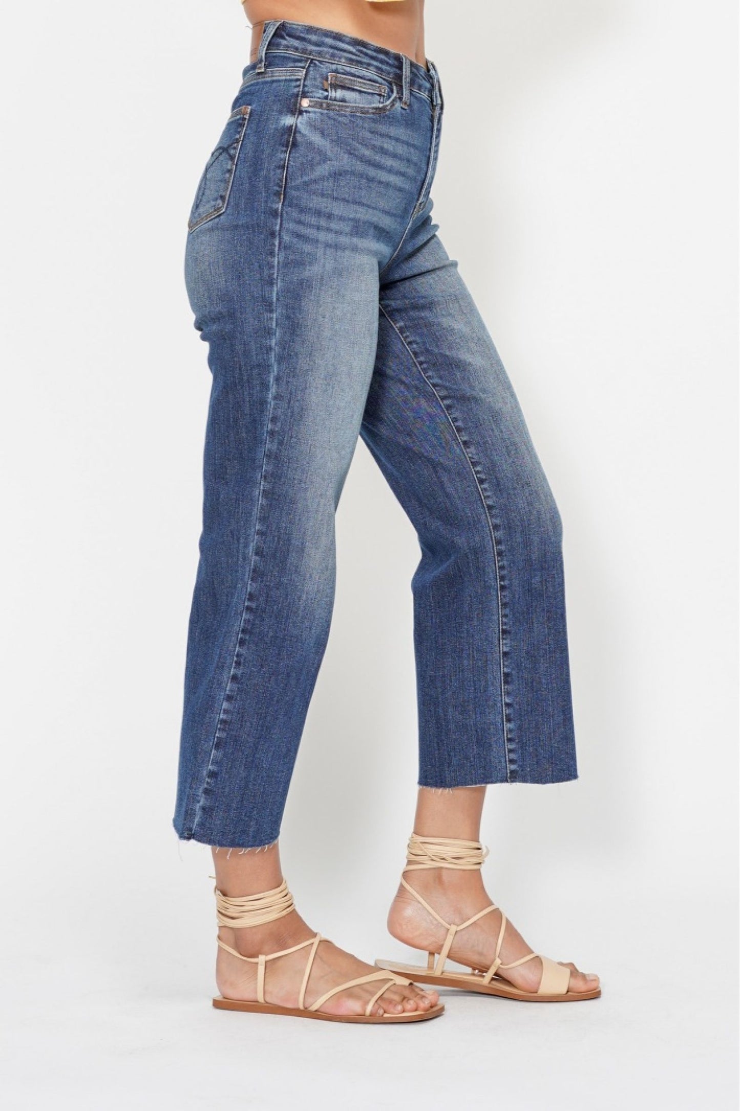 JUDY BLUE HIGH WAIST POCKET EMBROIDERED CROP WIDE JEAN - DARK STONE