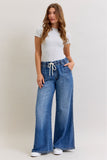 JUDY BLUE HIGH WAIST PALAZZO FEATHERWEIGHT RIGID ELASTIC WAISTBAND JEANS - DARK STONE