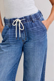 JUDY BLUE HIGH WAIST PALAZZO FEATHERWEIGHT RIGID ELASTIC WAISTBAND JEANS - DARK STONE