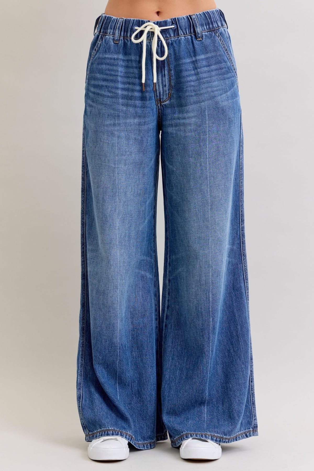 JUDY BLUE HIGH WAIST PALAZZO FEATHERWEIGHT RIGID ELASTIC WAISTBAND JEANS - DARK STONE