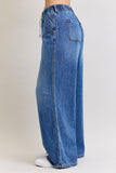 JUDY BLUE HIGH WAIST PALAZZO FEATHERWEIGHT RIGID ELASTIC WAISTBAND JEANS - DARK STONE