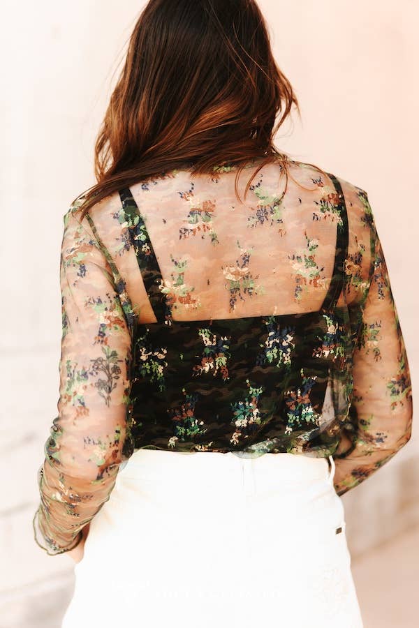CAMO PRINTED LACE LONG SLEEVE STRETCH TOP